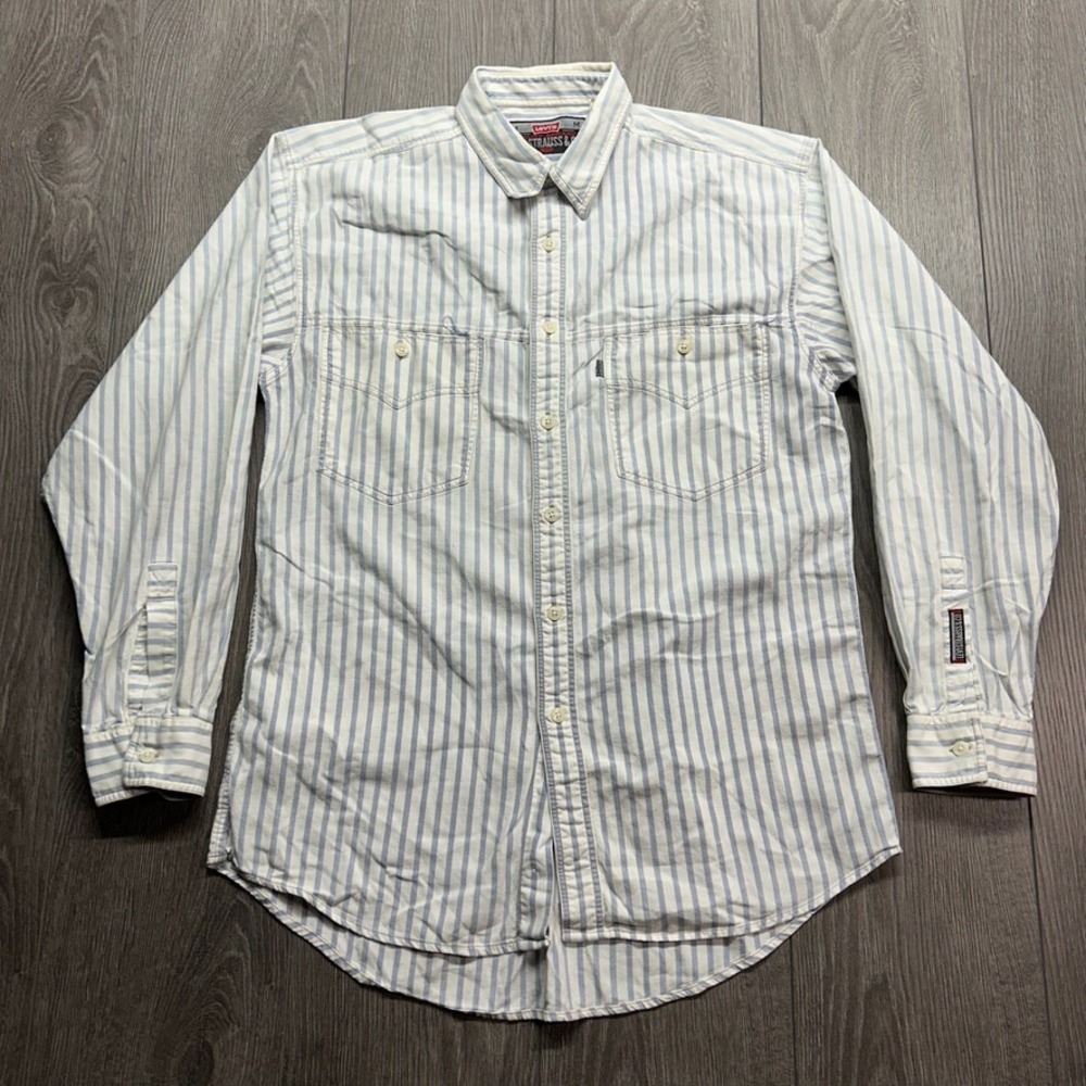 Vintage 90s Levis Strauss & Co Mens Medium Striped Button Down Shirt Blue White